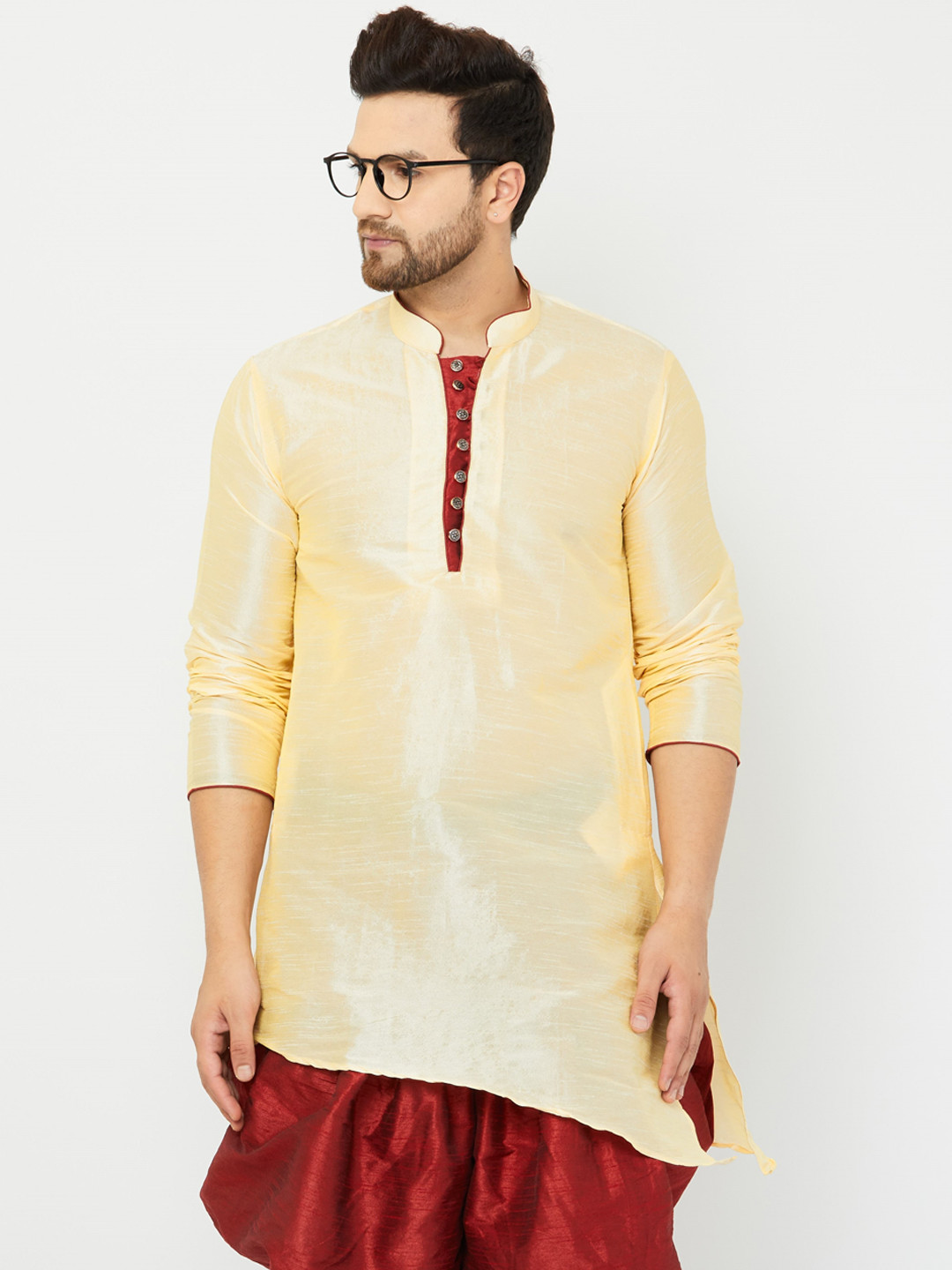 

Armaan Ethnic Men Mandarin Collar Silk Kurta, Beige