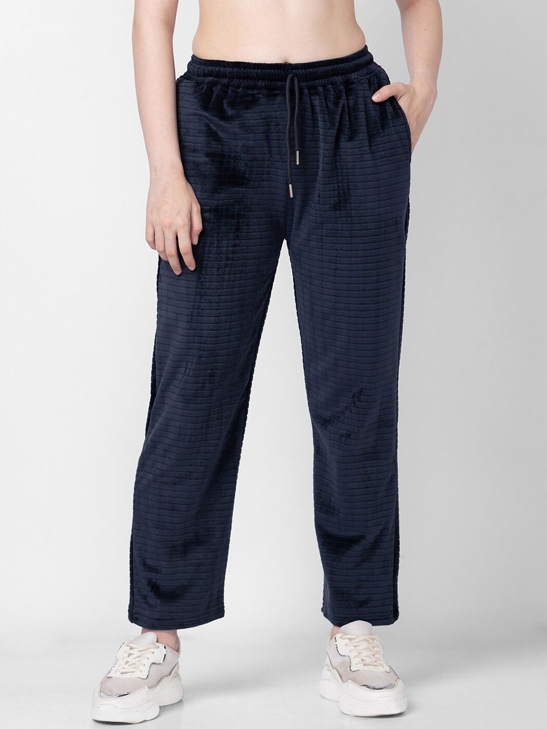 

Candyskin Women Regular Striped Velvet Track Pant, Navy blue