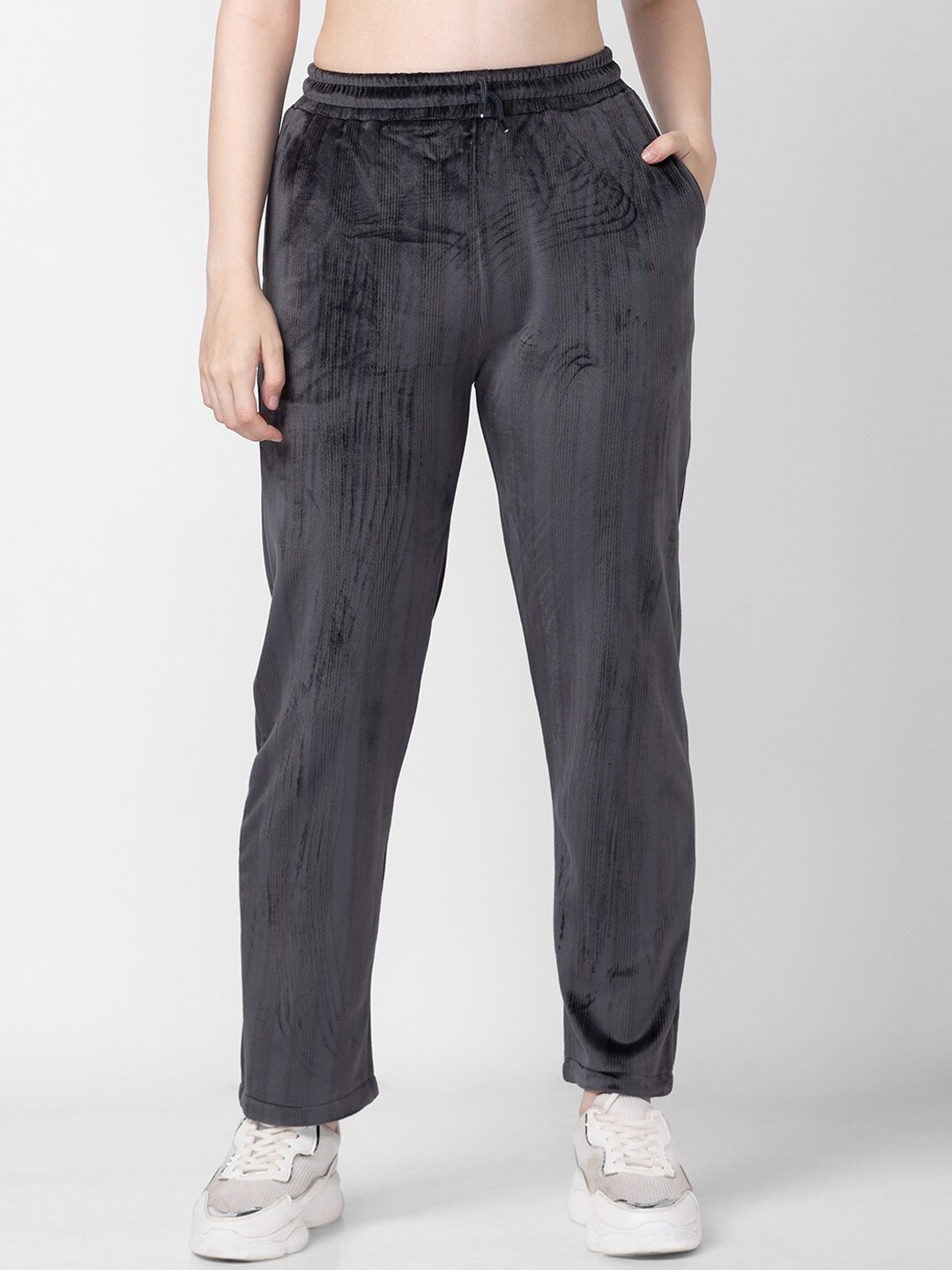 

Candyskin Women Regular Striped Velvet Track Pant, Charcoal