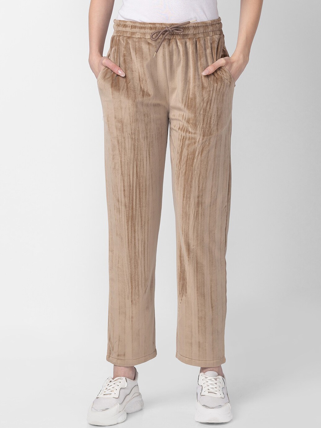 

Candyskin Women Regular Striped Velvet Track Pant, Beige