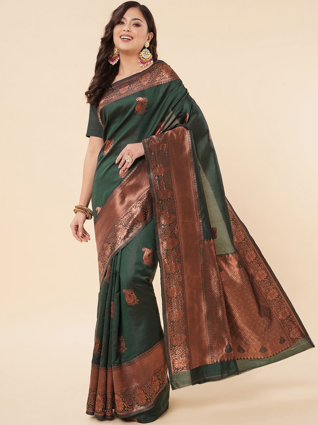 

Fashion Booms Ethnic Motifs Zari Pure Silk Kanjeevaram Saree, Green