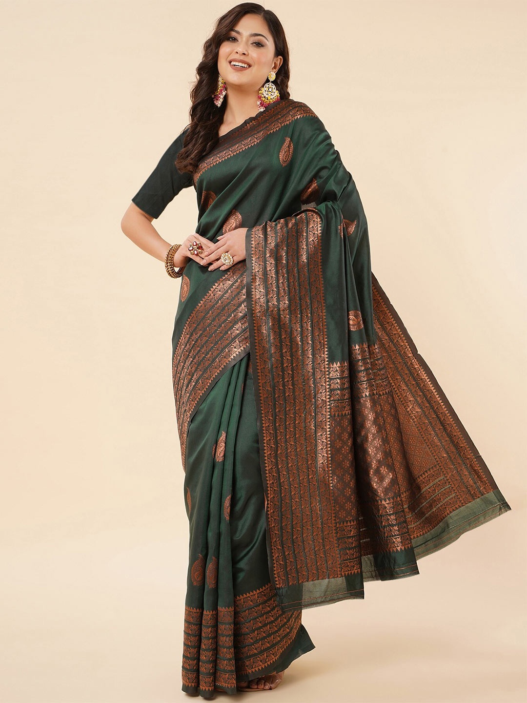 

Fashion Booms Ethnic Motifs Zari Pure Silk Kanjeevaram Saree, Green