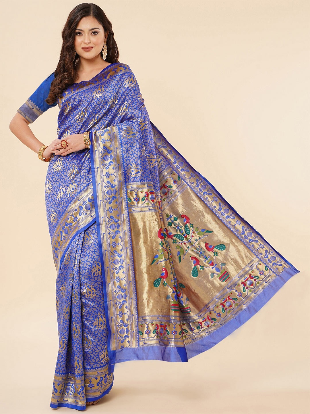 

Fashion Booms Floral Zari Pure Silk Kanjeevaram Saree, Blue