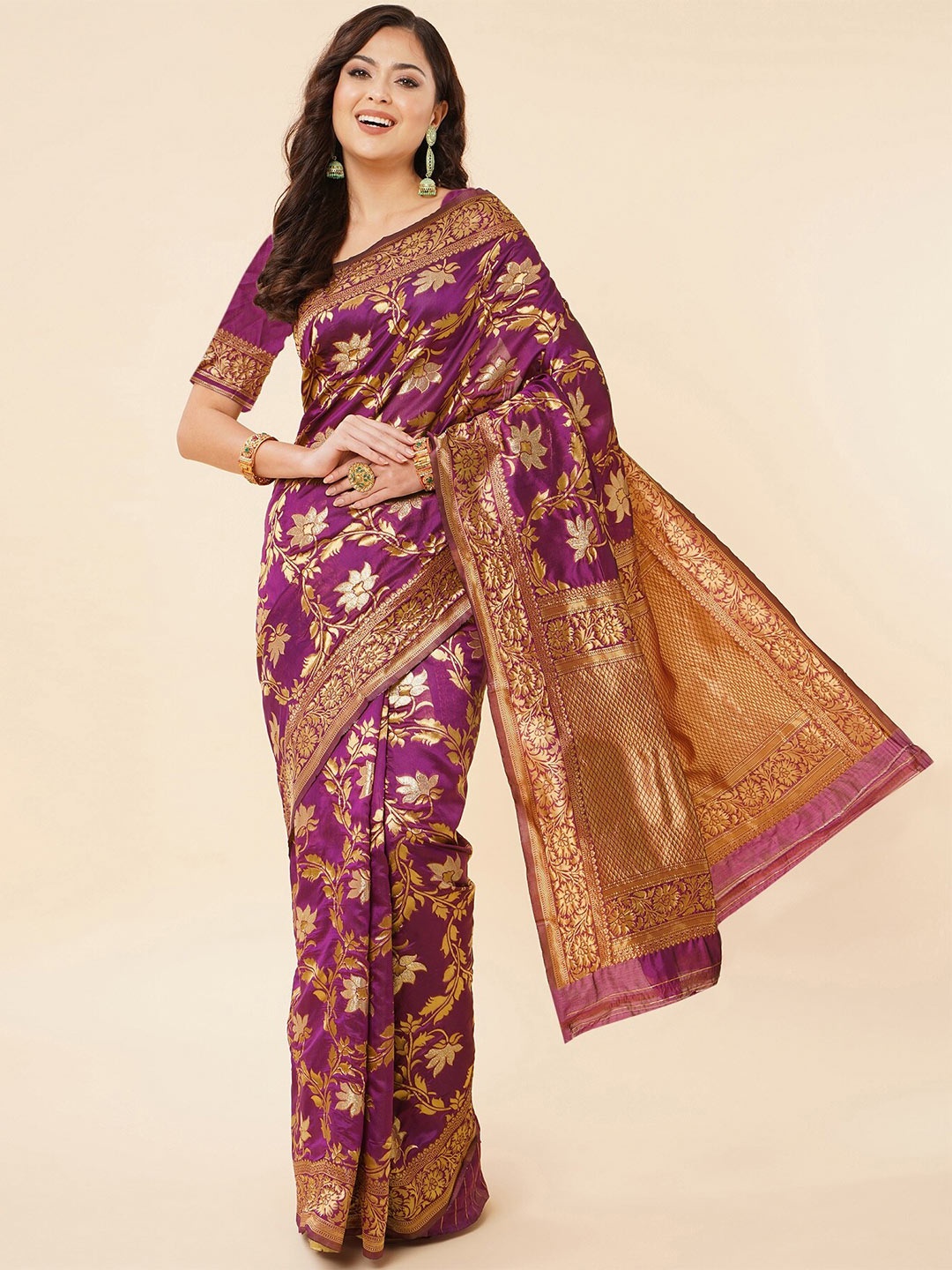 

Fashion Booms Ethnic Motifs Zari Pure Silk Kanjeevaram Saree, Purple