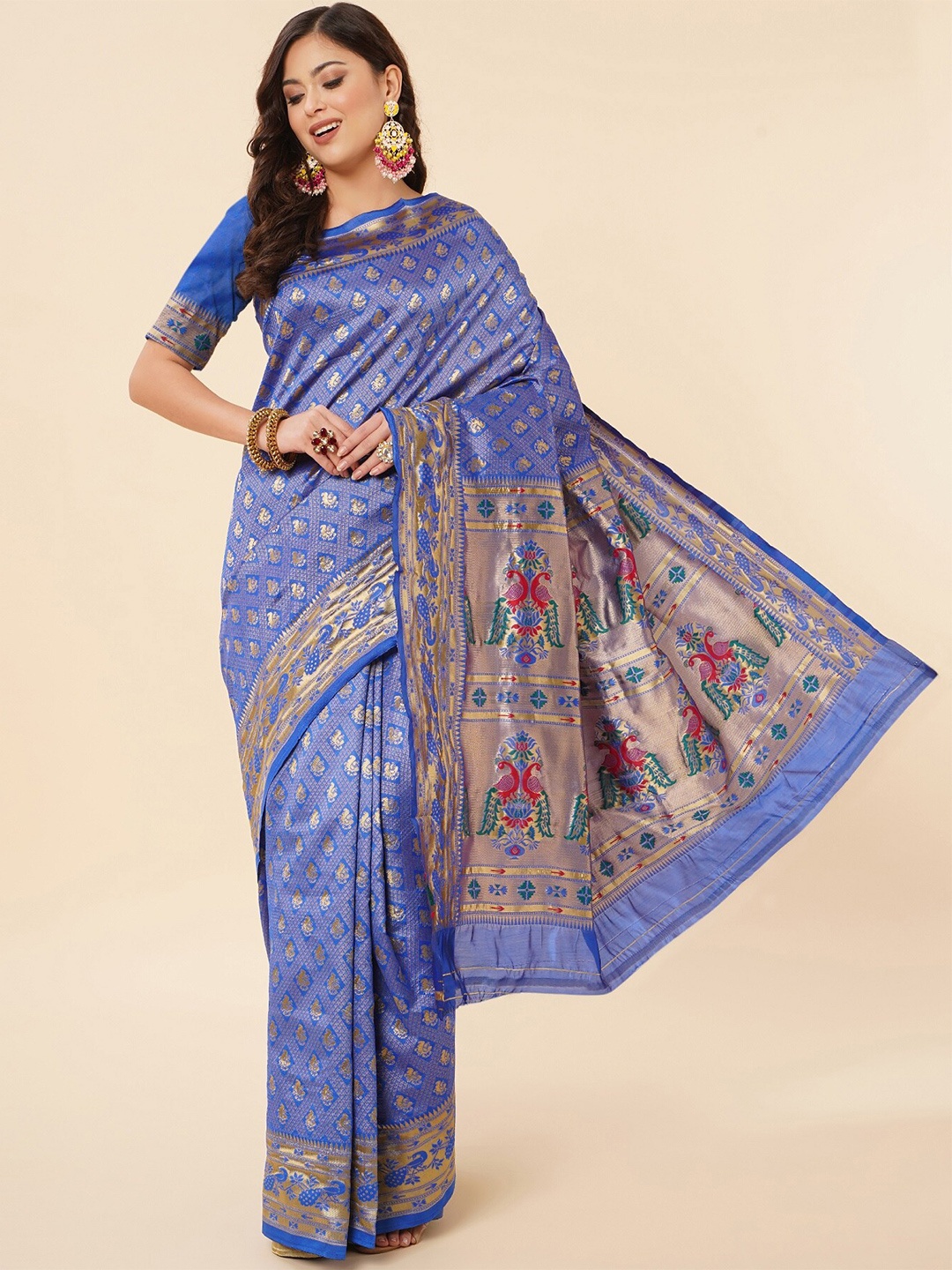 

Fashion Booms Ethnic Motifs Zari Pure Silk Kanjeevaram Saree, Blue