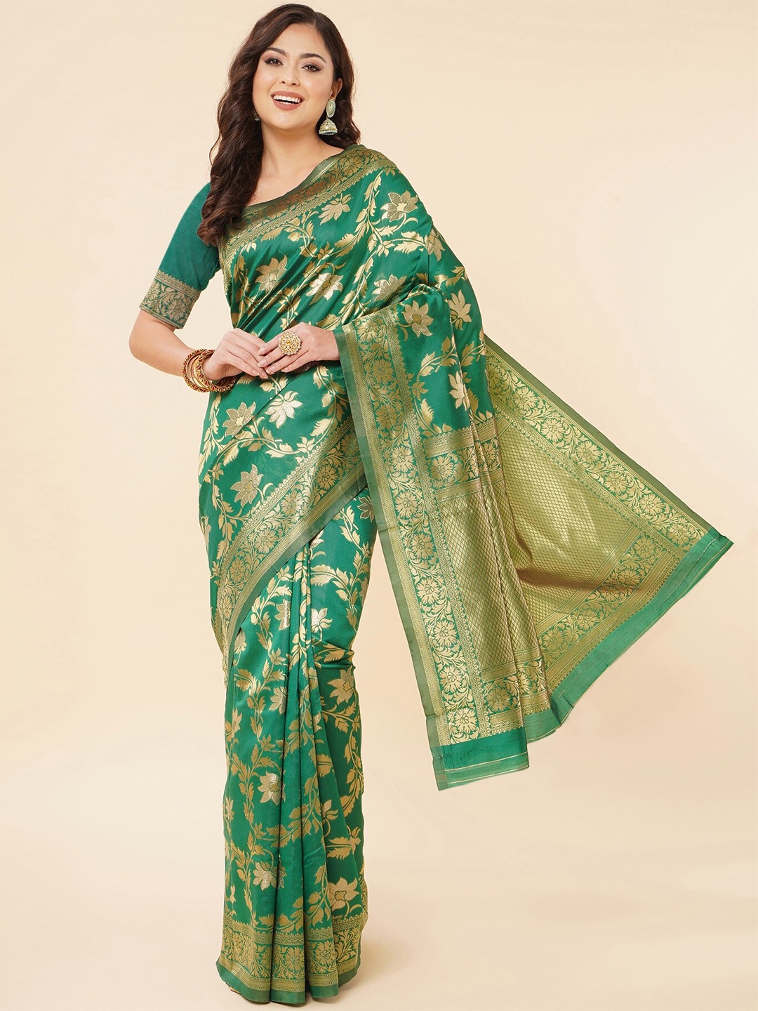 

Fashion Booms Floral Zari Pure Silk Kanjeevaram Saree, Green