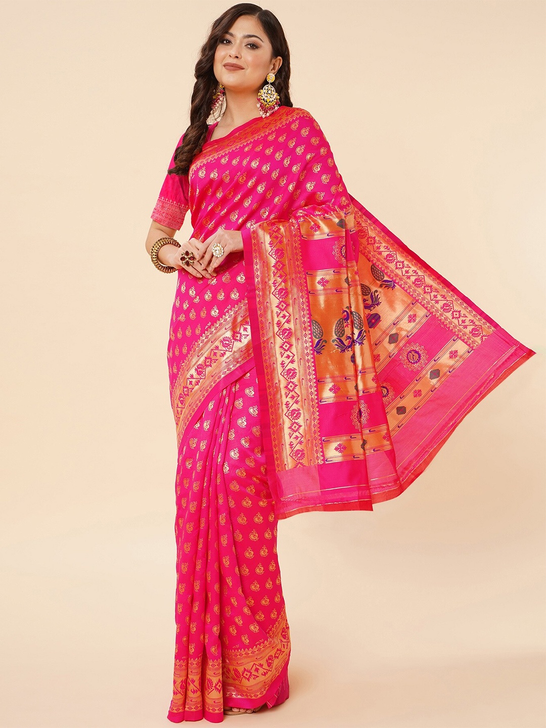 

Fashion Booms Ethnic Motifs Zari Pure Silk Kanjeevaram Saree, Pink