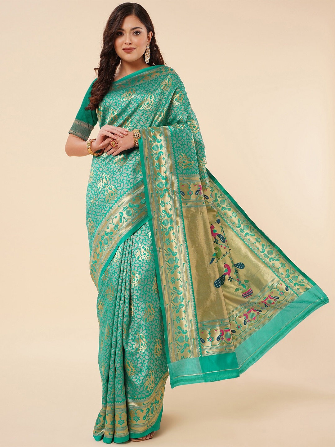 

Fashion Booms Ethnic Motifs Zari Pure Silk Kanjeevaram Saree, Green