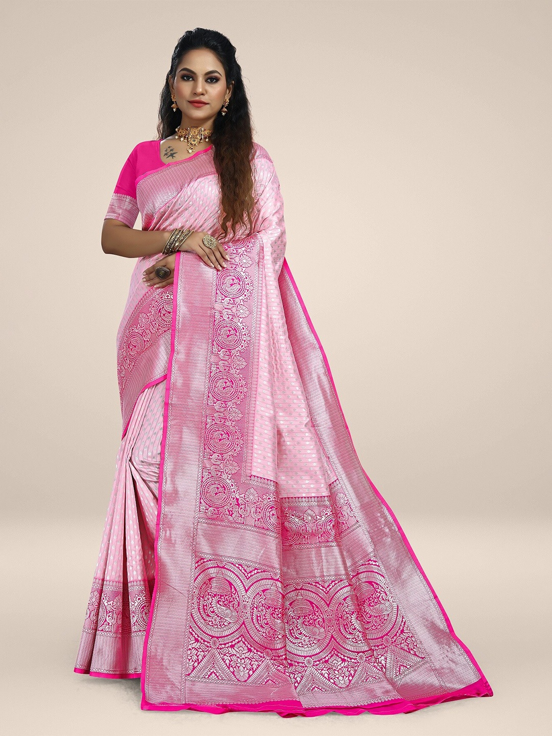 

Rivana Woven Design Zari Kanjeevaram Saree, Pink