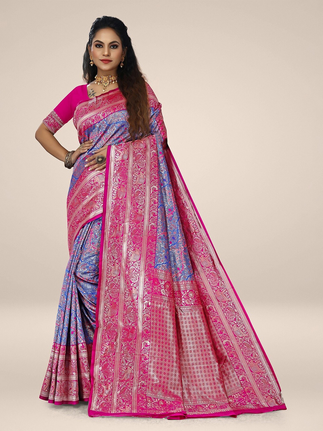 

Rivana Ethnic Motifs Zari Silk Blend Kanjeevaram Saree, Blue