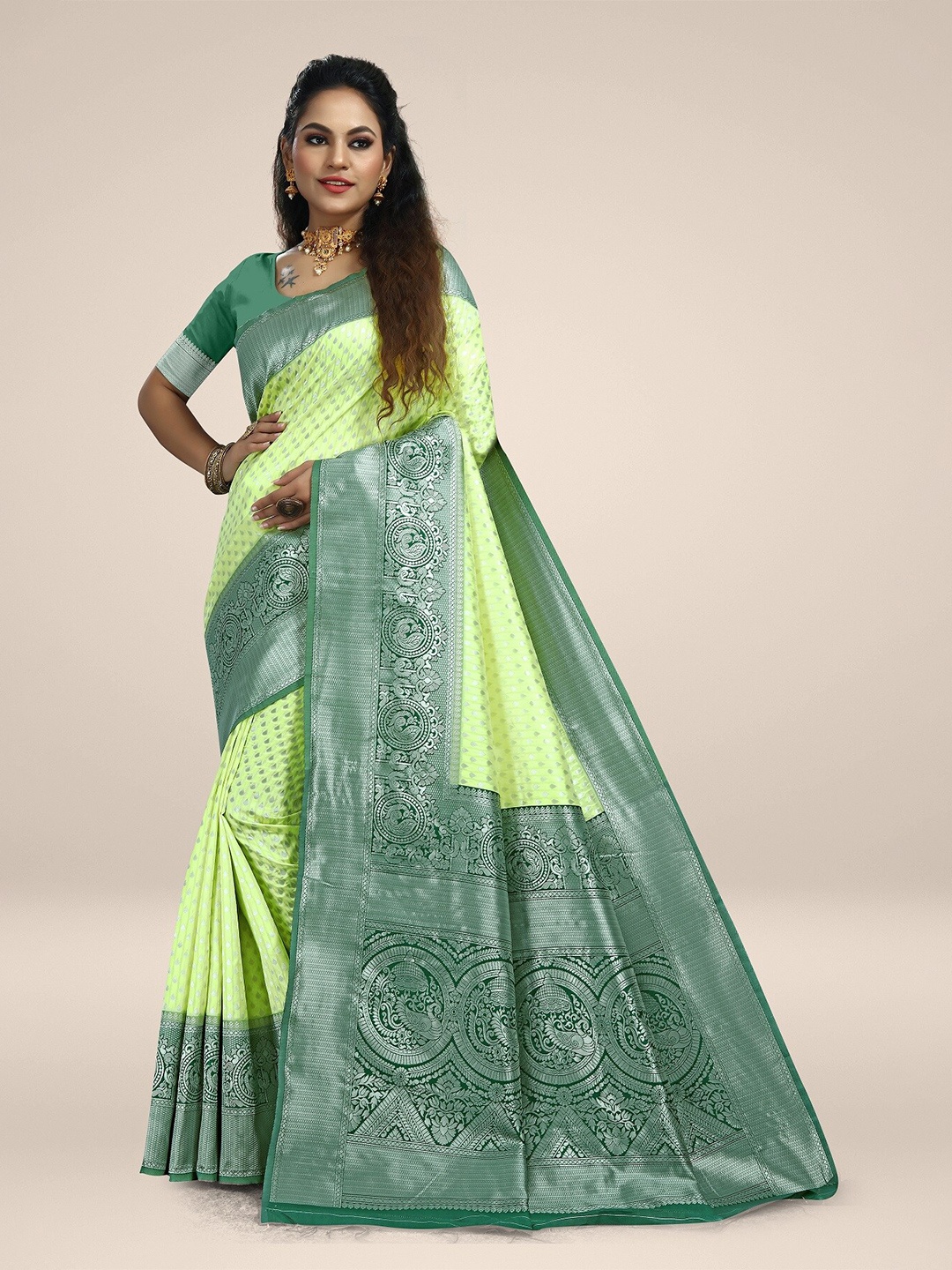 

Rivana Ethnic Motifs Zari Silk Blend Kanjeevaram Saree, Teal