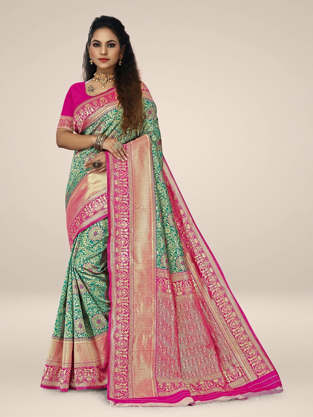 

Rivana Ethnic Motifs Zari Silk Blend Banarasi Saree, Teal