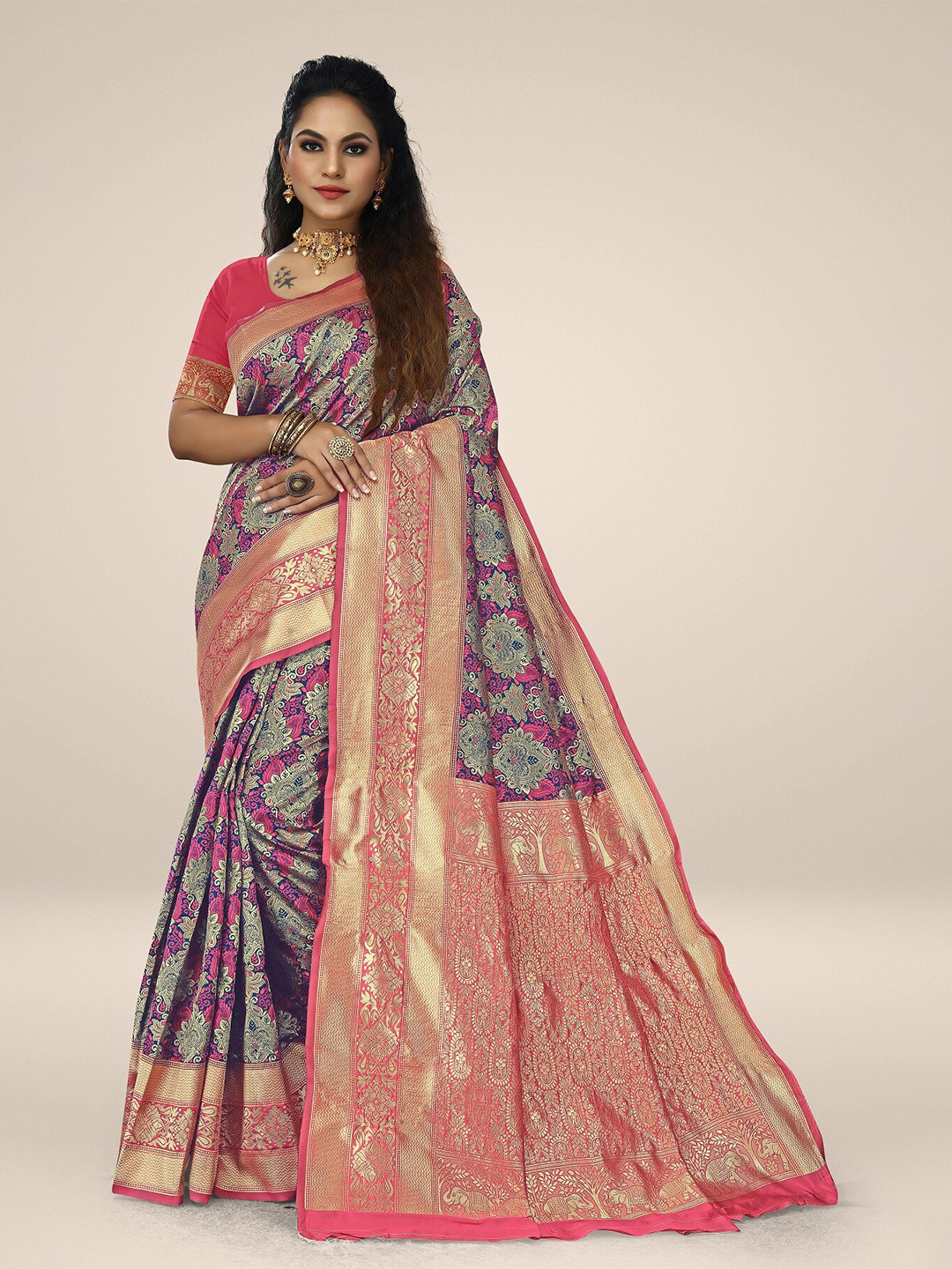 

Rivana Ethnic Motifs Zari Silk Blend Banarasi Saree, Pink