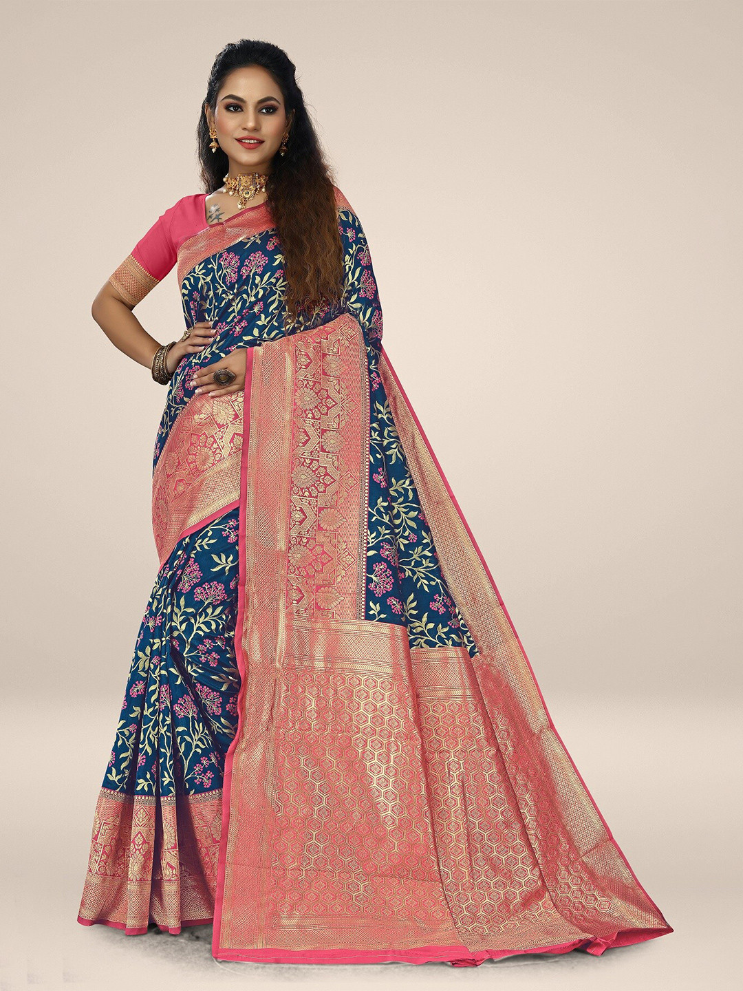 

Rivana Navy Ethnic Motifs Zari Silk Blend Banarasi Saree, Navy blue