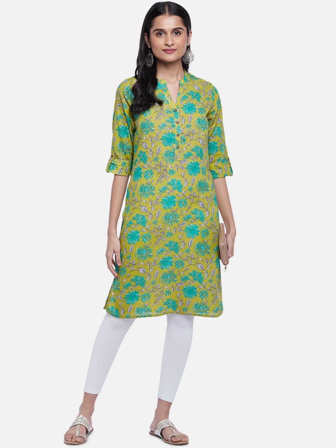 

RANGMANCH BY PANTALOONS Floral Printed Cotton Kurta, Lime green