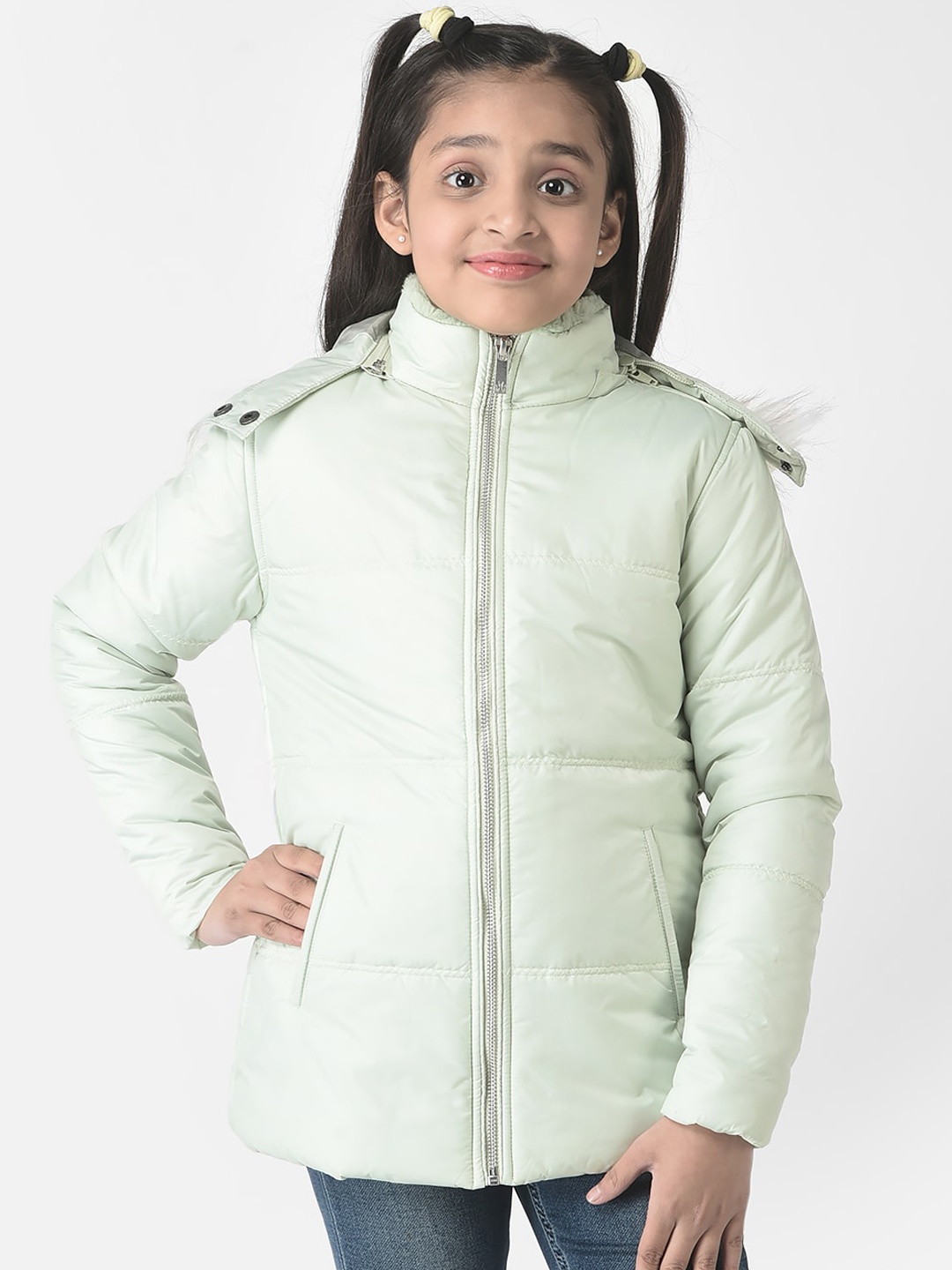 

Crimsoune Club Girls Pure Cotton Hooded Longline Padded Jacket, Green