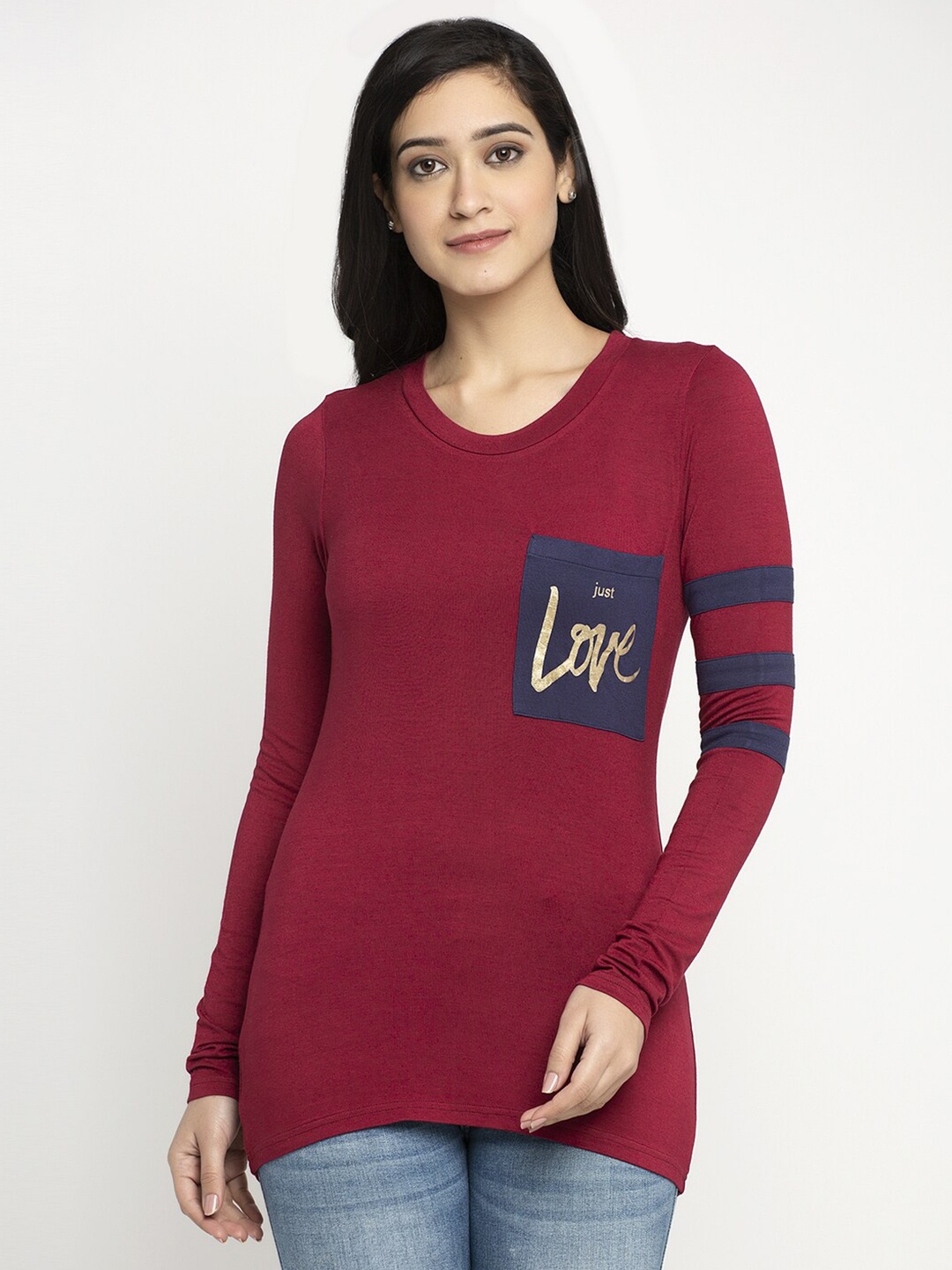 

DOOR74 Women Printed Cotton T-shirt, Maroon
