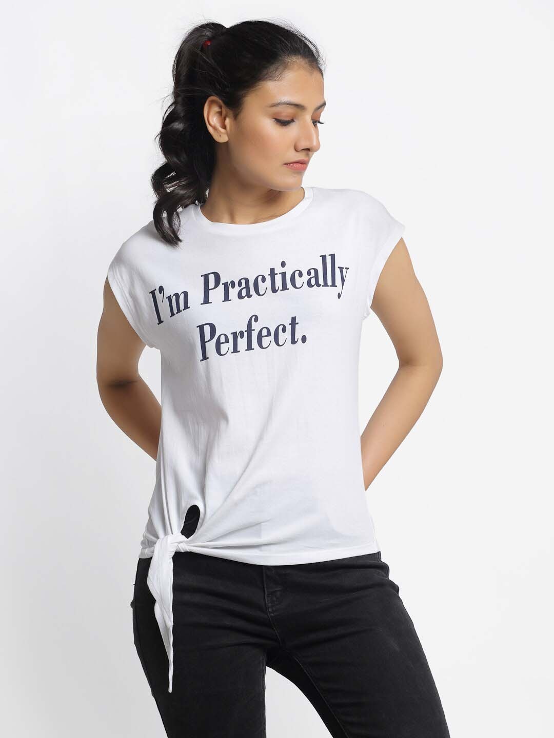 

DOOR74 Women Typography Printed Raw Edge Cotton T-shirt, White