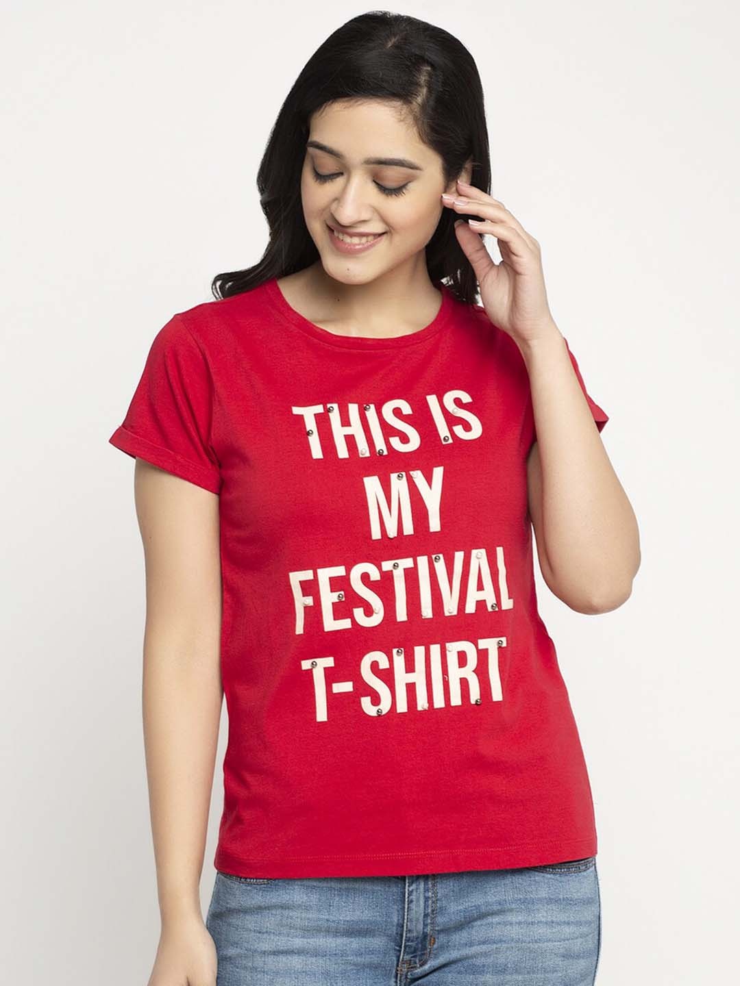 

DOOR74 Women Typography Printed T-shirt, Red