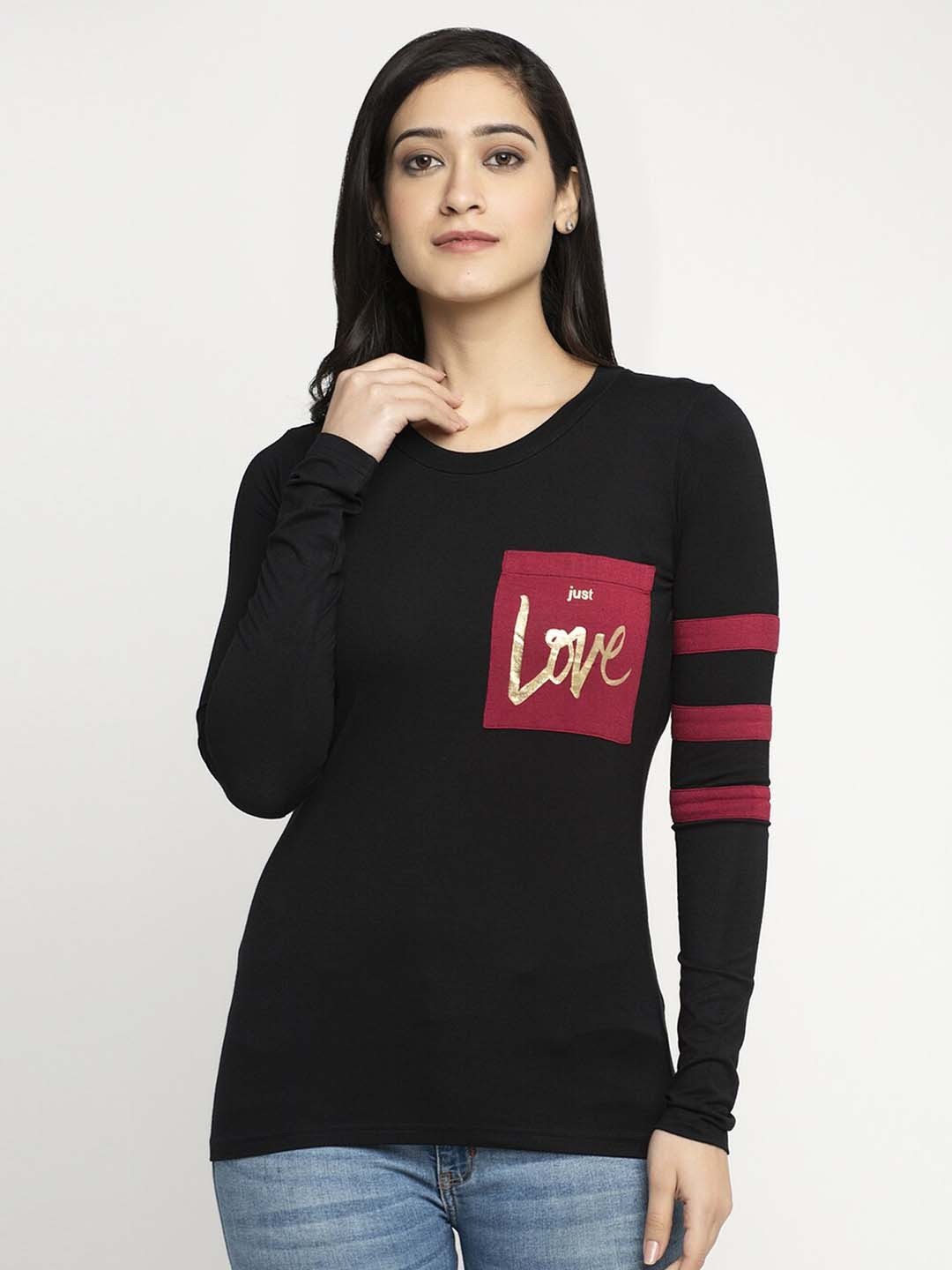 

DOOR74 Women Typography Cotton T-shirt, Black