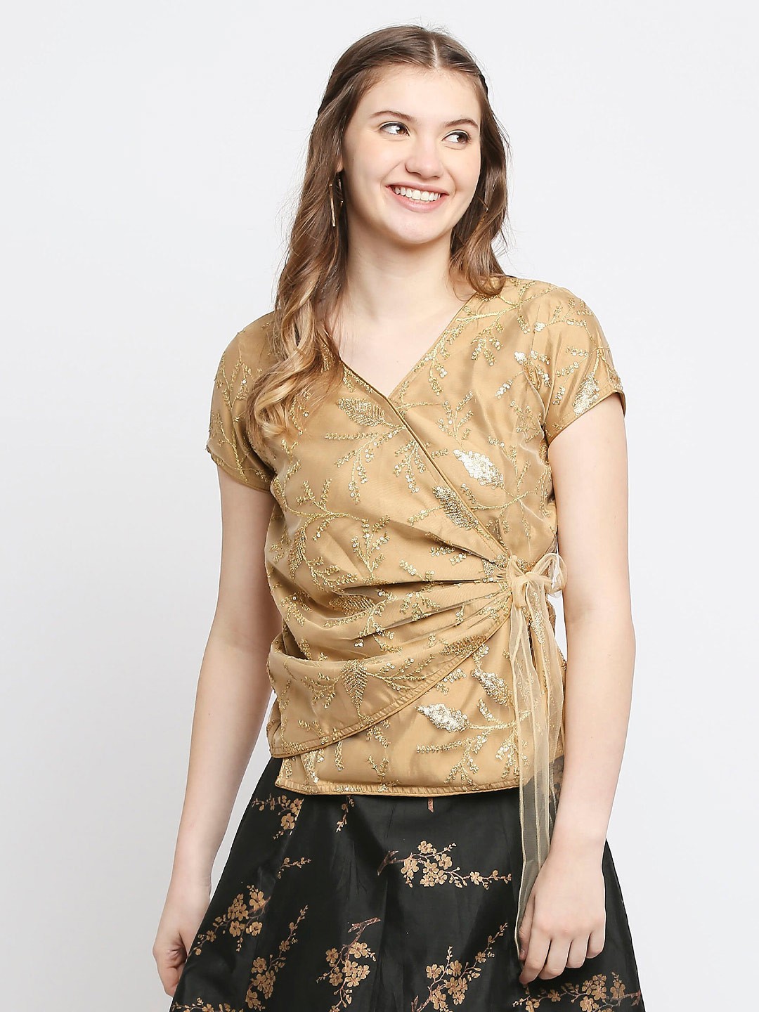 

Ira Soleil Embellished Wrap Top, Gold