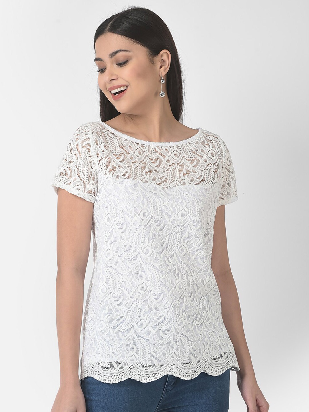 

Eavan Self Design Boat Neck Regular Top, White