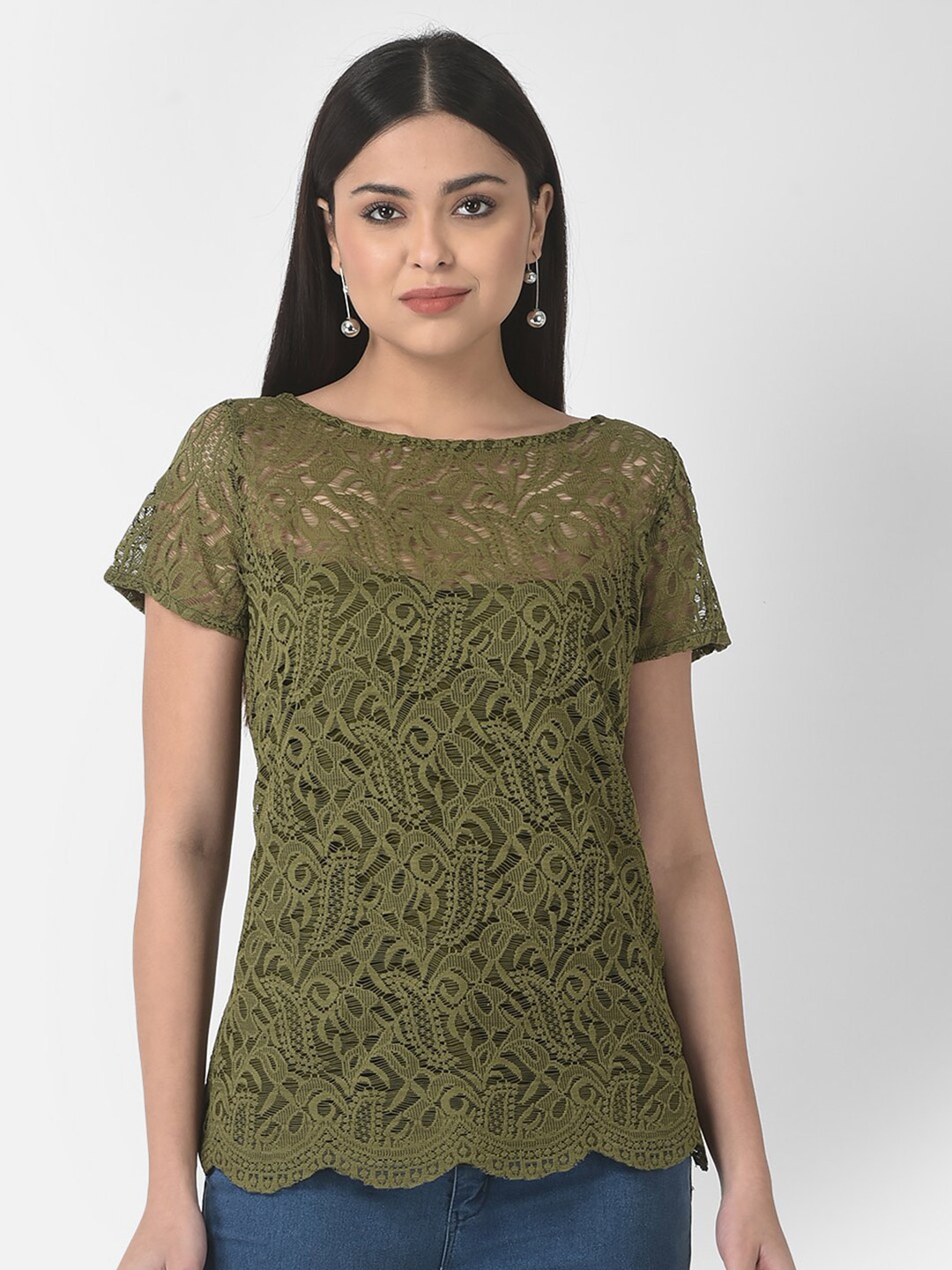 

Eavan Self Design Boat Neck Top, Olive