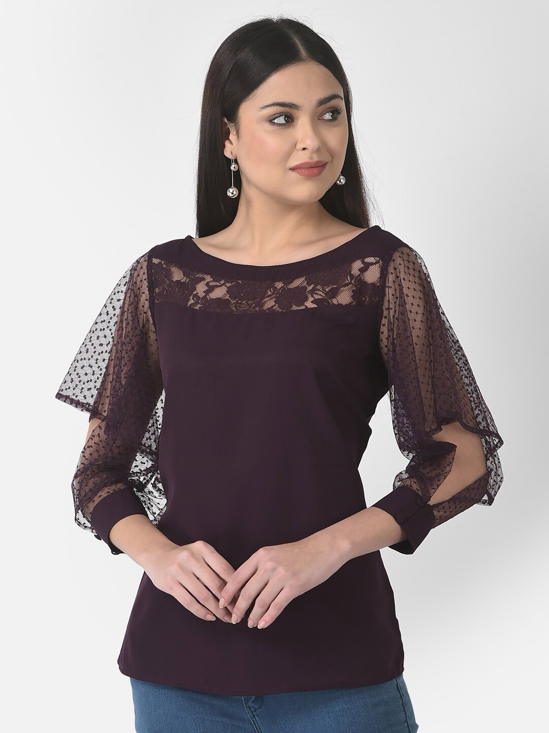 

Eavan Cuffed Sleeves Crepe Top, Burgundy