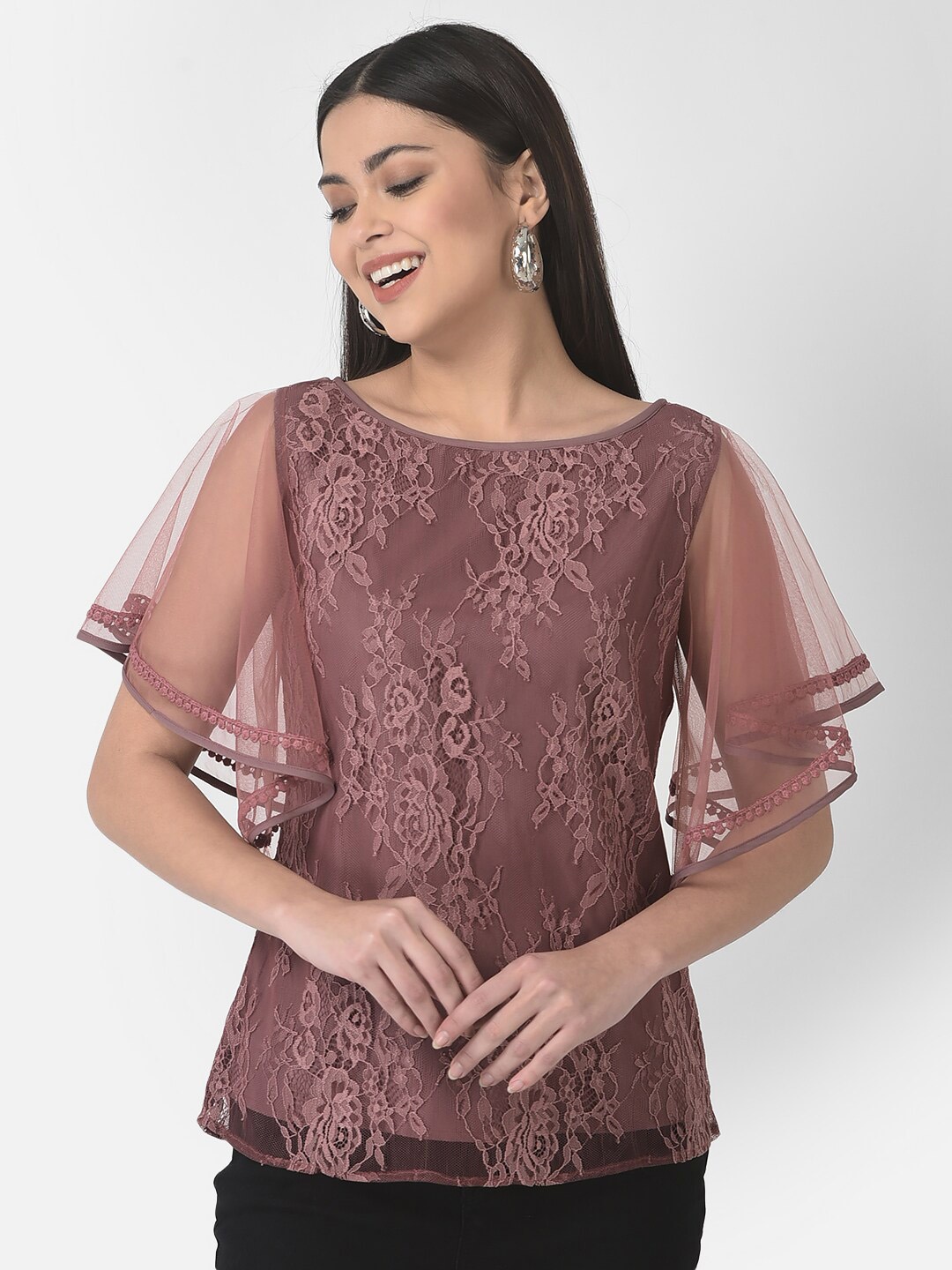 

Eavan Flutter Sleeves Net Top, Brown