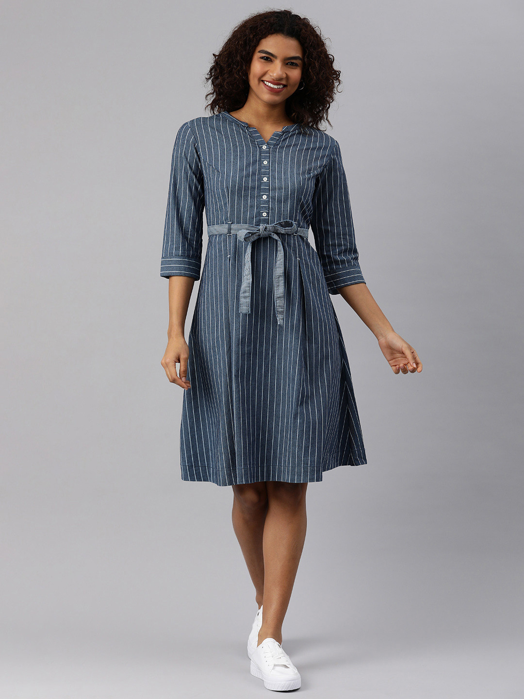 

ETIQUETTE Striped Denim A-Line Dress With Belt, Blue