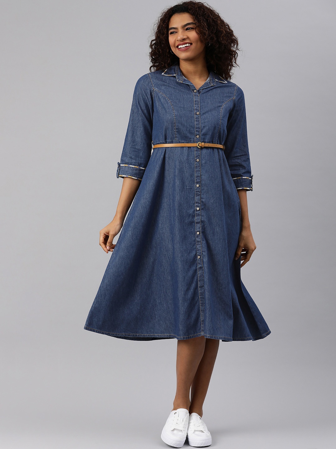 

ETIQUETTE Denim A-Line Midi Dress With Belt, Blue