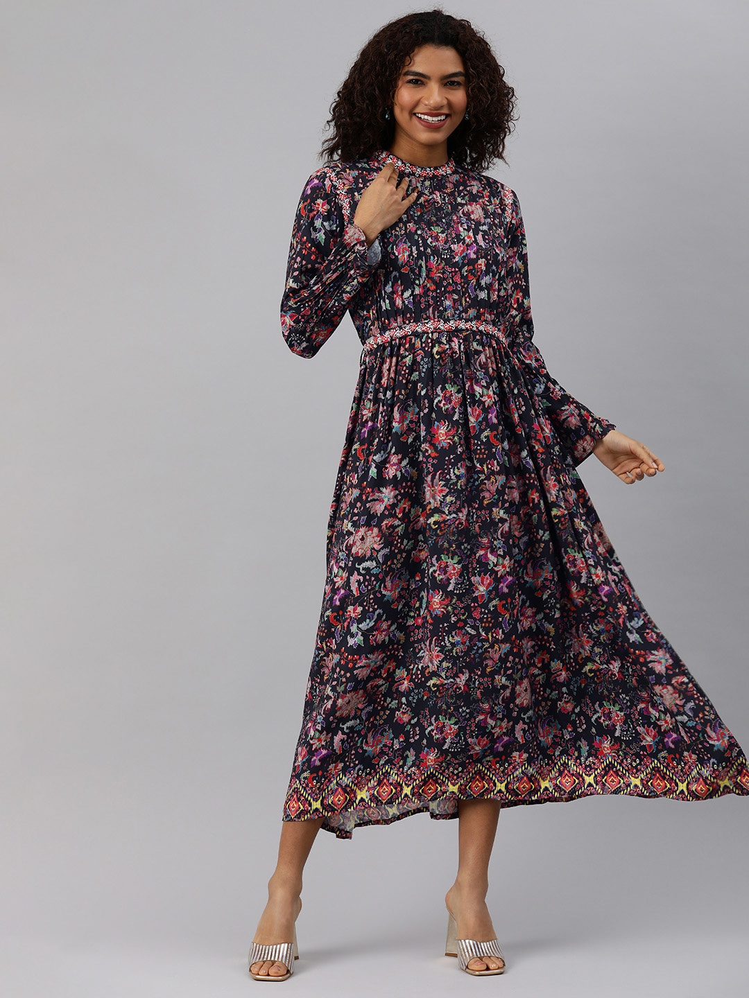 

ETIQUETTE Floral Mandarin Collar Midi Dress, Black