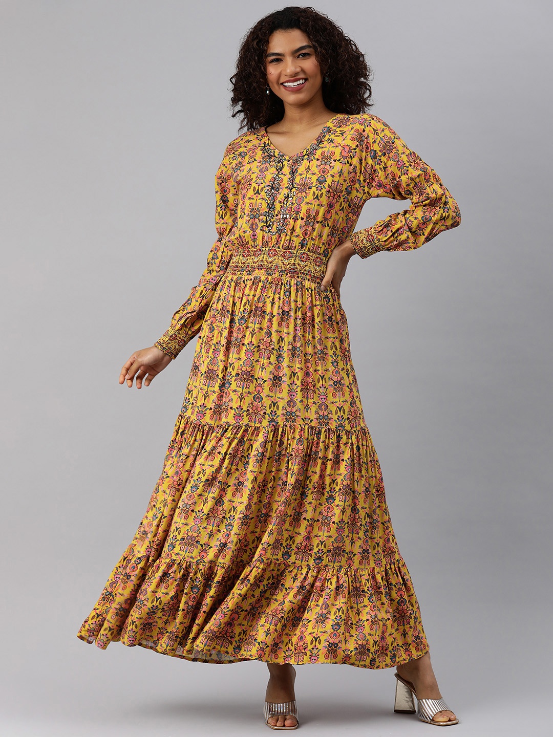 

ETIQUETTE Floral Embellished Puff Sleeves Tiered Maxi Dress, Yellow