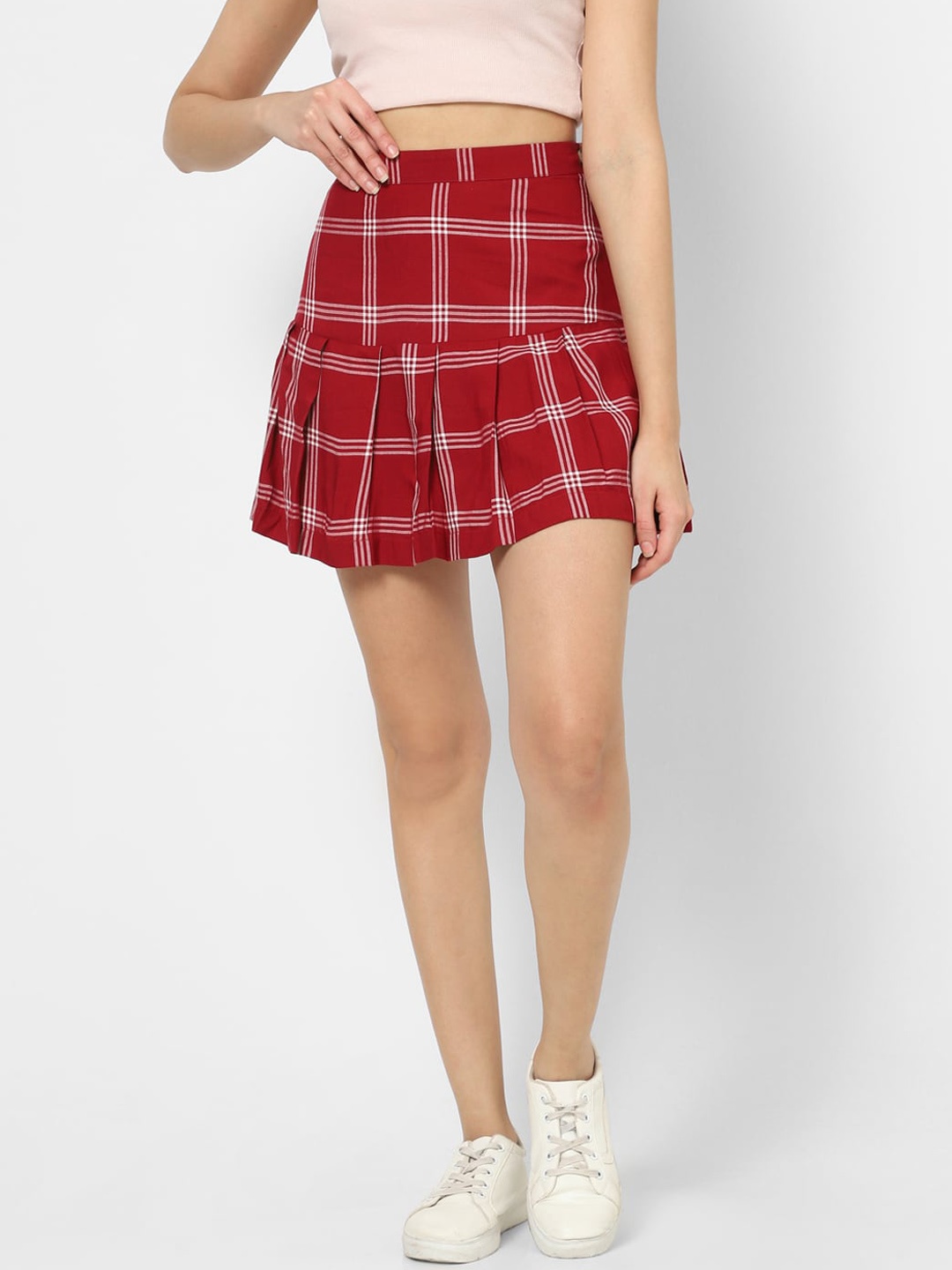 

VASTRADO Checked Flared & Pleated Pure Cotton Skirts, Maroon