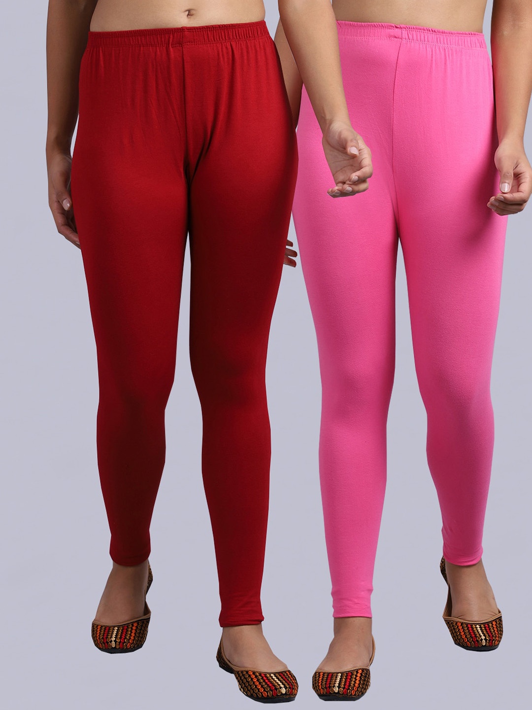 

Jinfo Pack Of 2 Solid Cotton Ankle Length Leggings, Pink