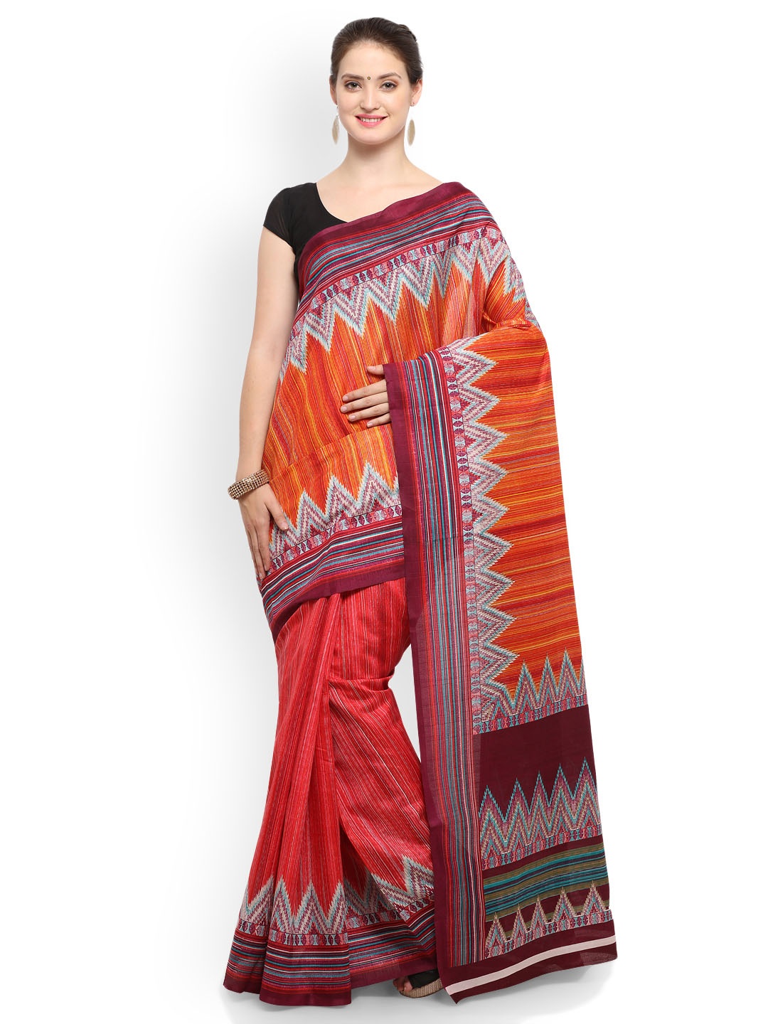 

Saree mall Orange & Maroon Art Silk Striped Bhagalpuri Saree