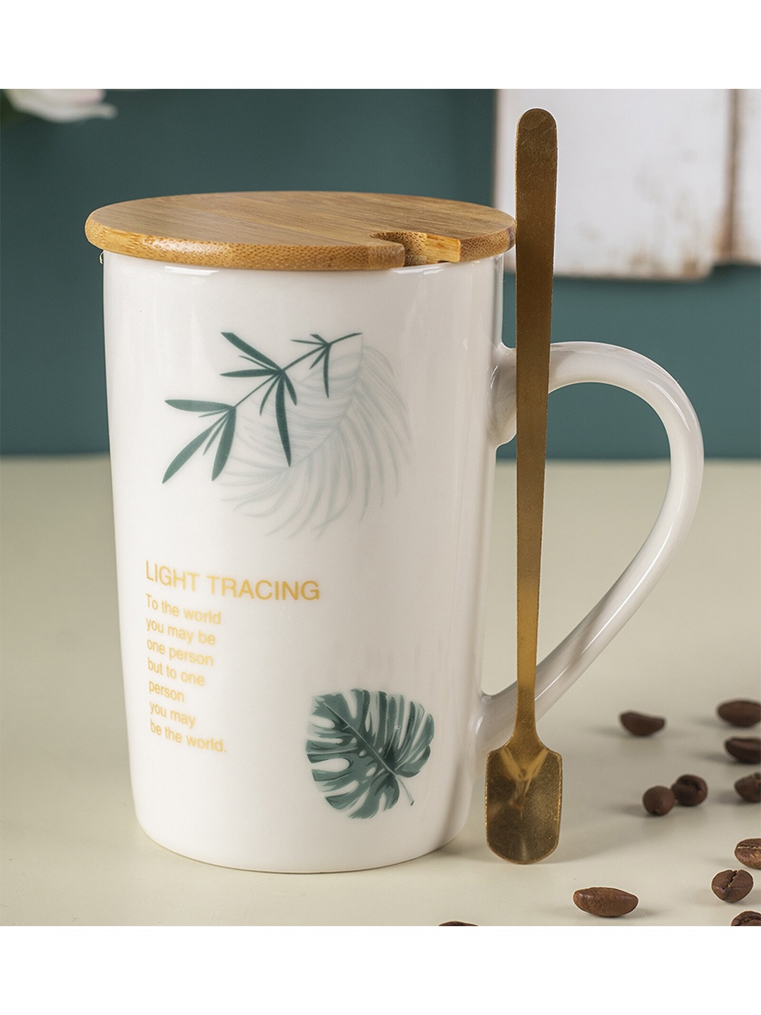 

MARKET99 White Printed Ceramic Glossy Mugs With Lid 360 ml