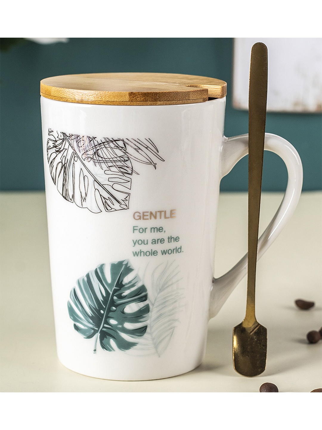 

MARKET99 White & Teal Green Floral Printed Ceramic Matte Mug With Lid 360 ml