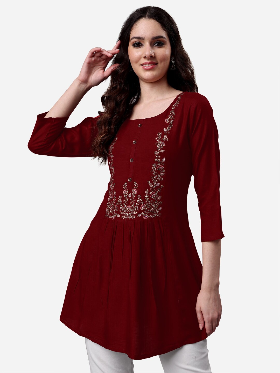 

Sangria Women Floral Embroidered Longline Top, Maroon