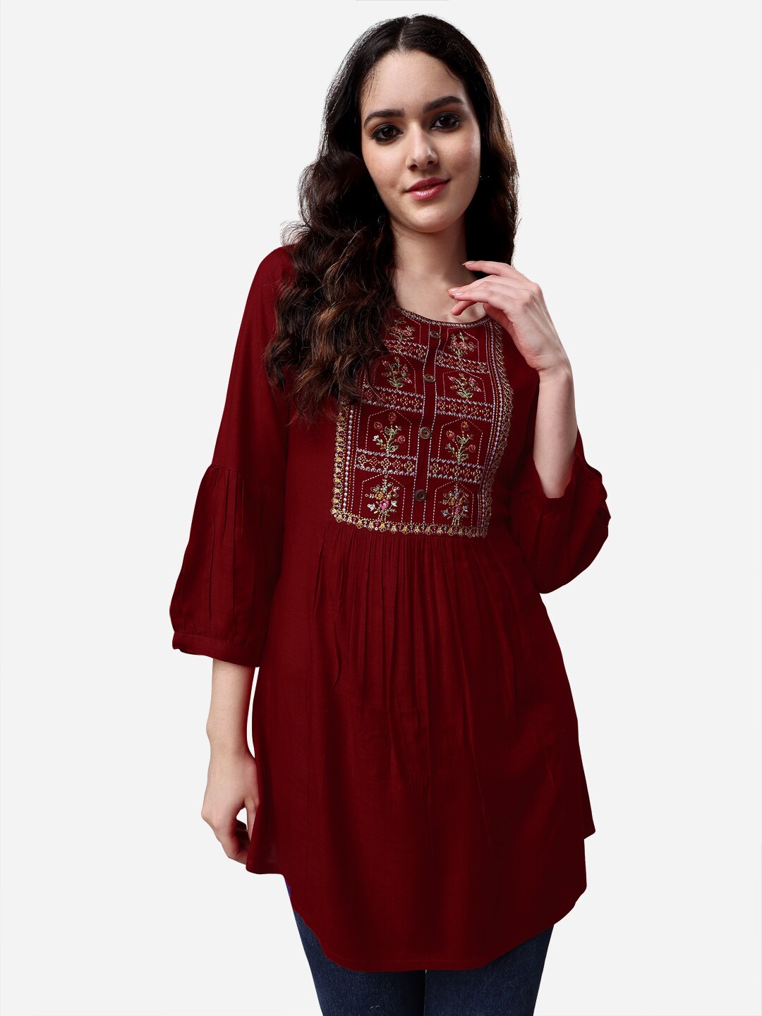 

Sangria Women Floral Embroidered Longline Top, Maroon