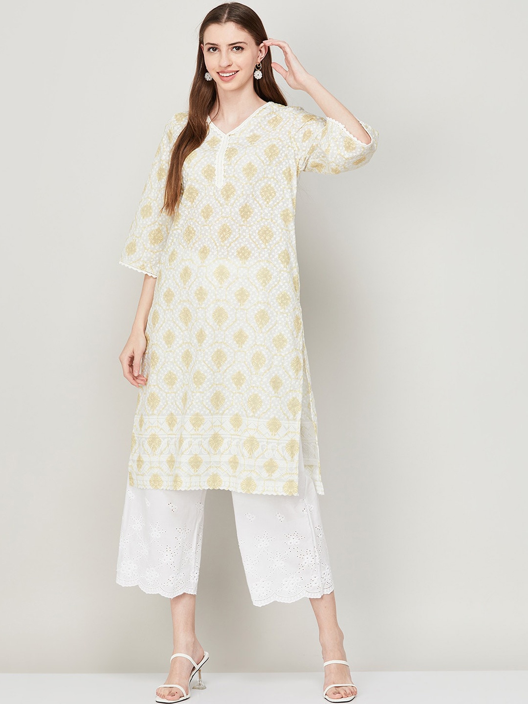 

Melange by Lifestyle Women Ethnic Motifs Printed Flared Sleeves Cotton Kurta, Yellow