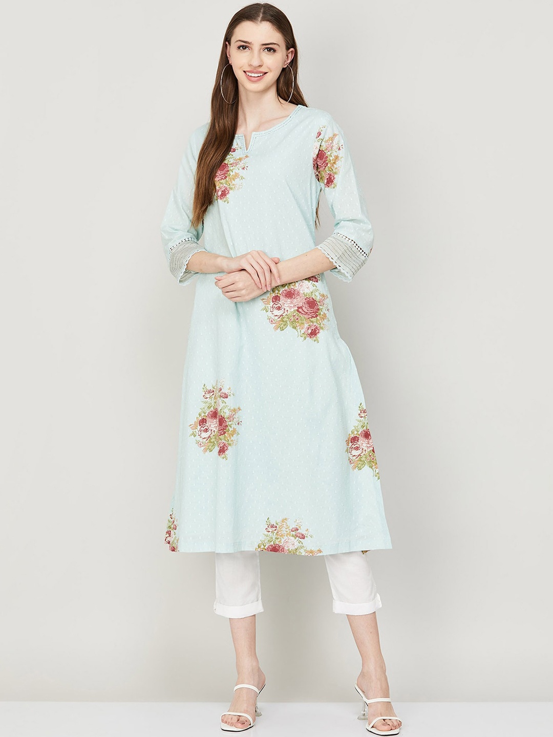 

Melange by Lifestyle Women Notch Neck Floral Printed Cotton Kurta, Blue