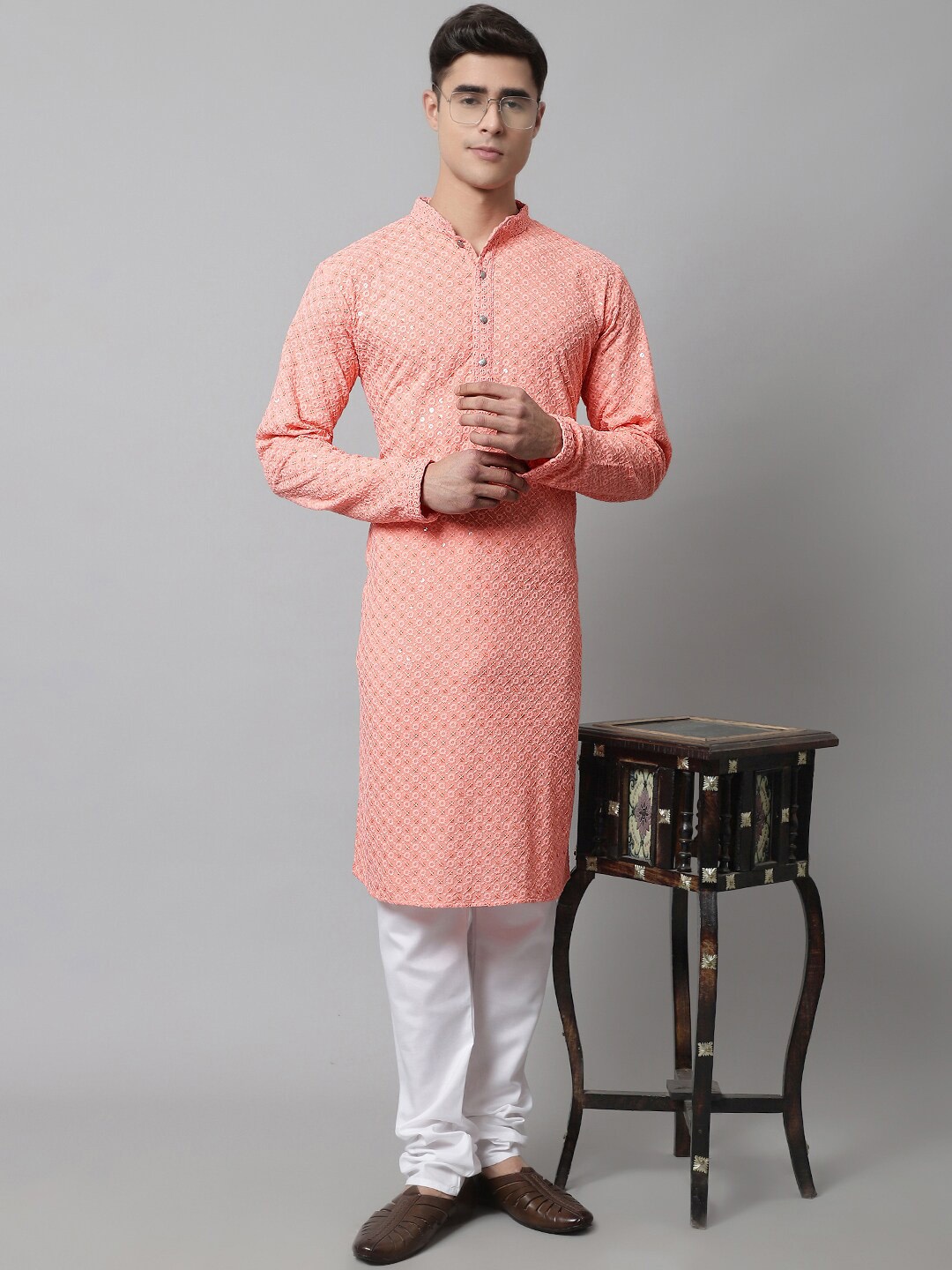 

Jompers Men Floral Embroidered Sequinned Pure Cotton Kurta with Churidar, Peach