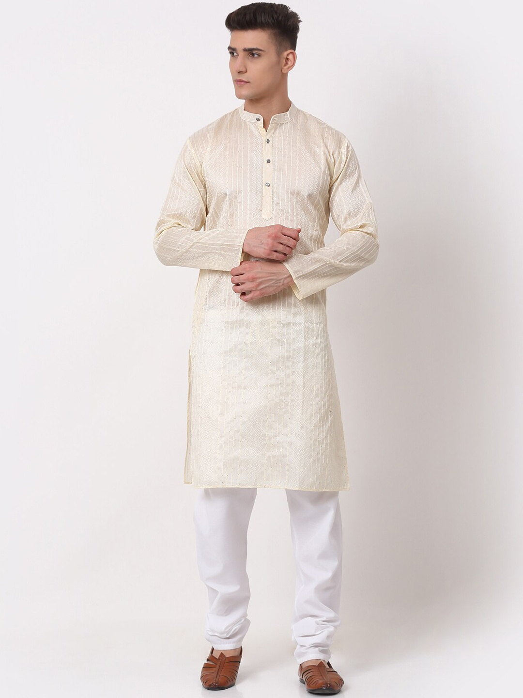 

Jompers Men Embroidered Sequinned Dupion Silk Kurta with Pyjamas, Cream