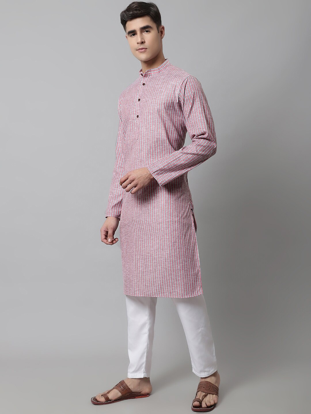

Jompers Men Striped Printed Pure Cotton Kurta with Pyjamas, Coral