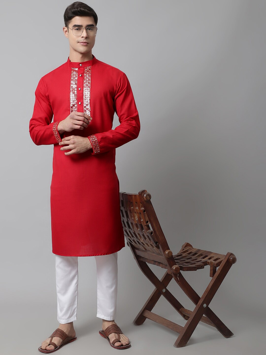 

Jompers Men Embroidered Mirror Work Pure Cotton Kurta with Pyjamas, Red