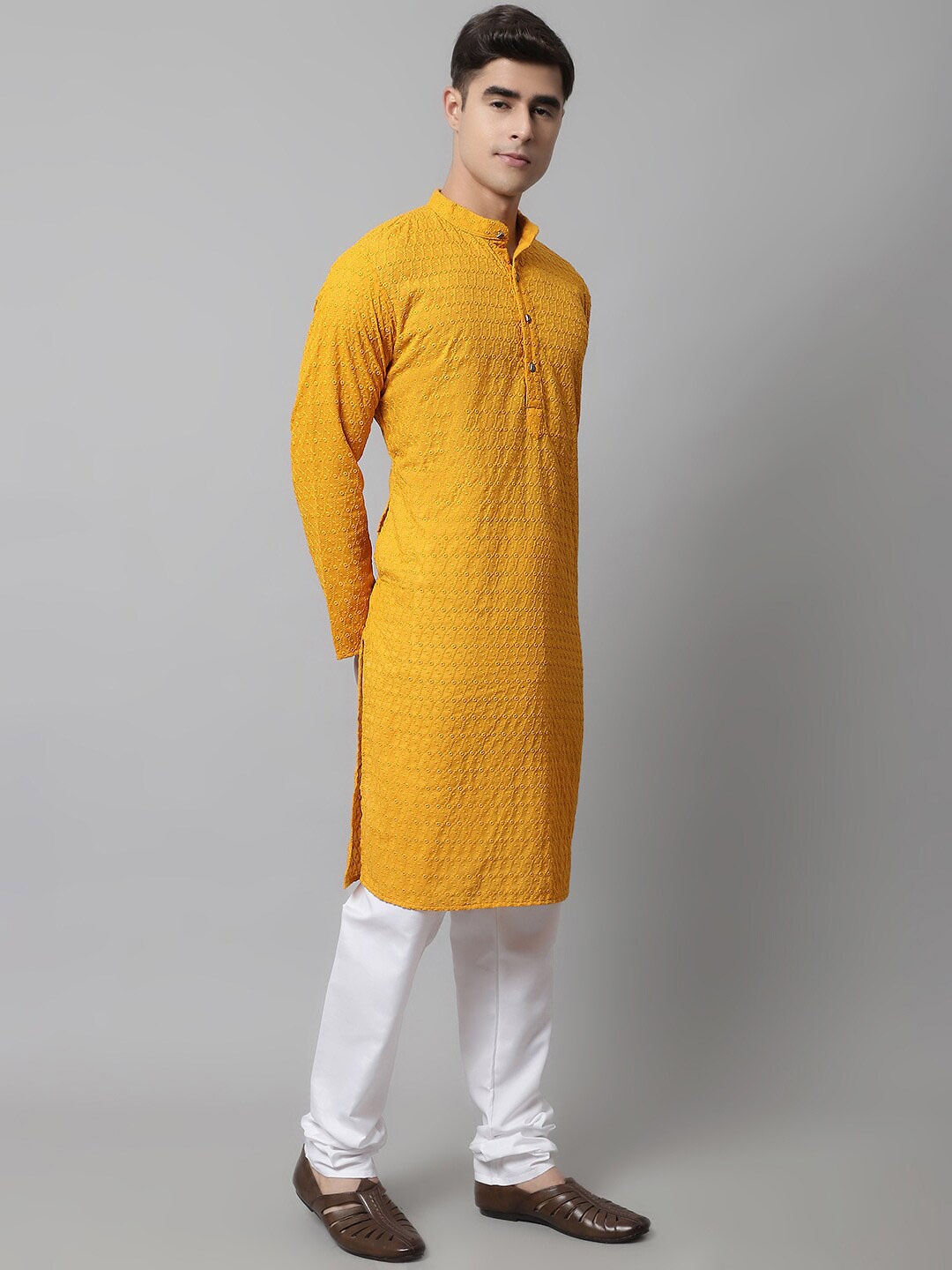 

Jompers Men Ethnic Motifs Embroidered Chikankari Pure Cotton Kurta with Churidar, Mustard