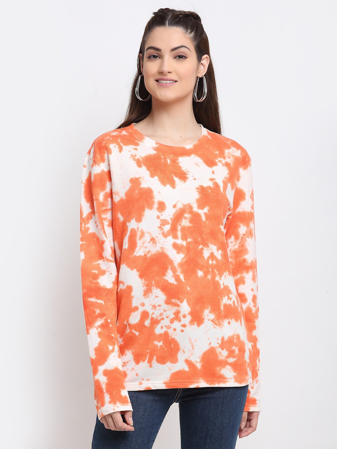 

DOOR74 Women Printed Cotton Sweatshirt, Orange