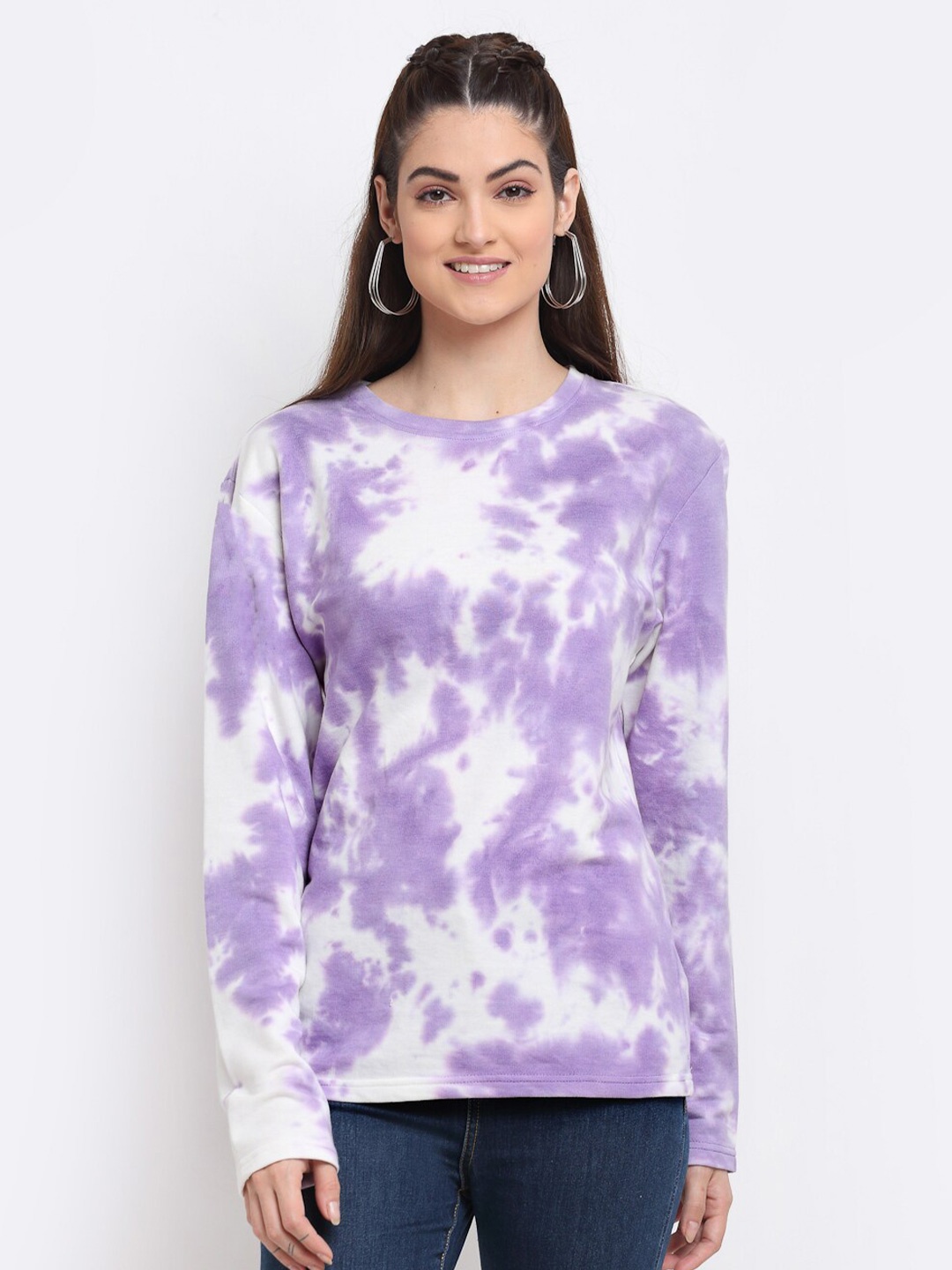 

DOOR74 Women Printed Cotton Sweatshirt, Lavender