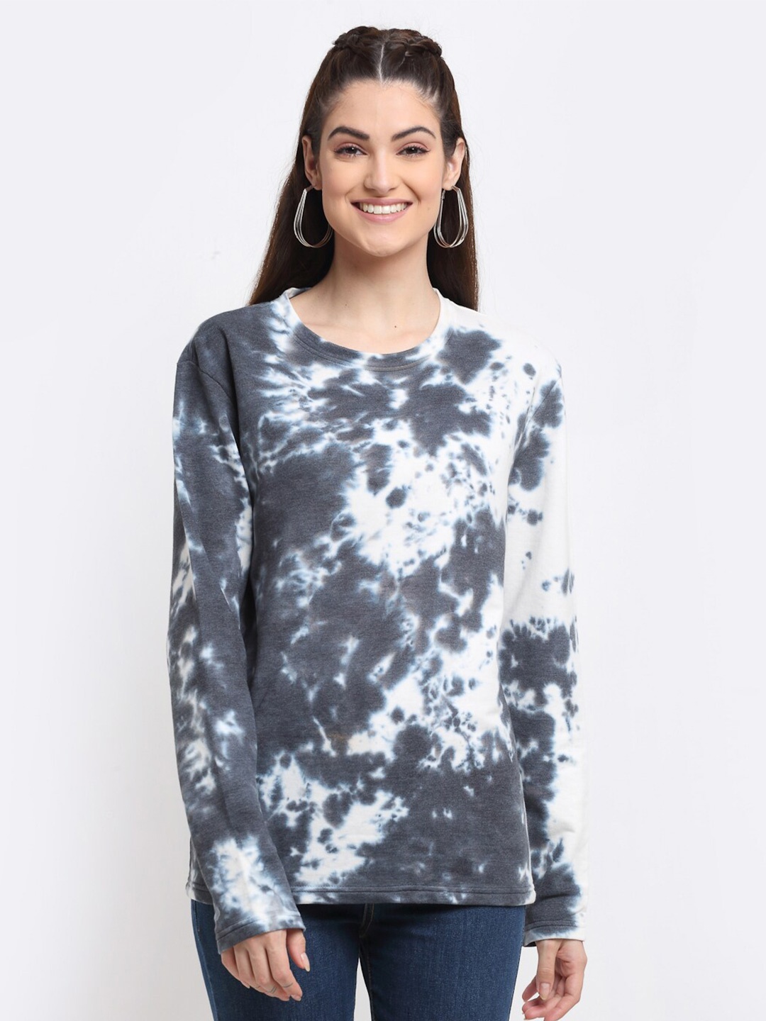 

DOOR74 Women Printed Cotton Sweatshirt, Grey